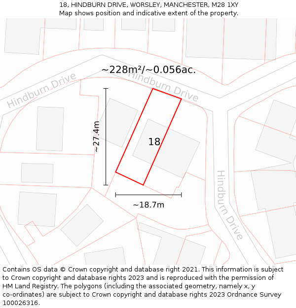 18, HINDBURN DRIVE, WORSLEY, MANCHESTER, M28 1XY: Plot and title map