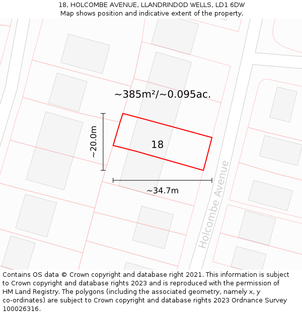 18, HOLCOMBE AVENUE, LLANDRINDOD WELLS, LD1 6DW: Plot and title map