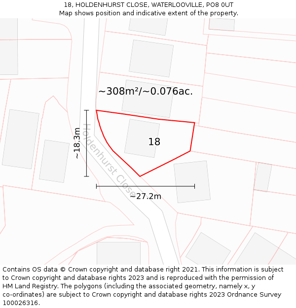 18, HOLDENHURST CLOSE, WATERLOOVILLE, PO8 0UT: Plot and title map