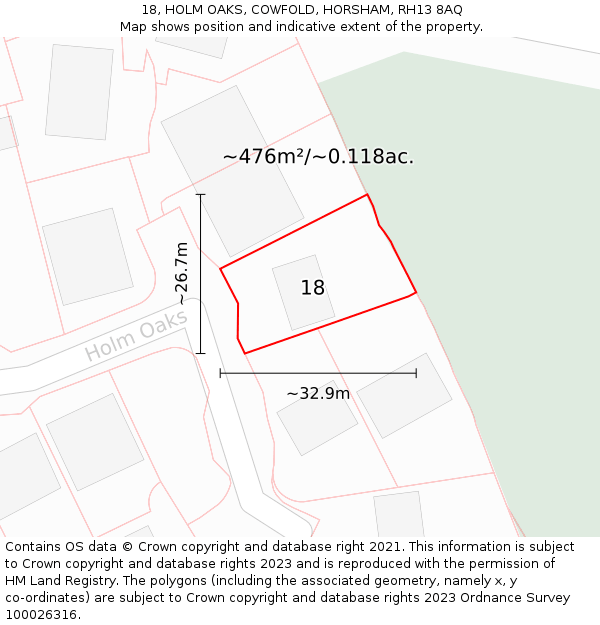 18, HOLM OAKS, COWFOLD, HORSHAM, RH13 8AQ: Plot and title map