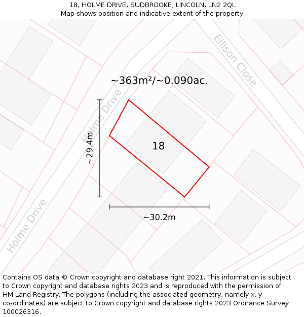 18, HOLME DRIVE, SUDBROOKE, LINCOLN, LN2 2QL: Plot and title map