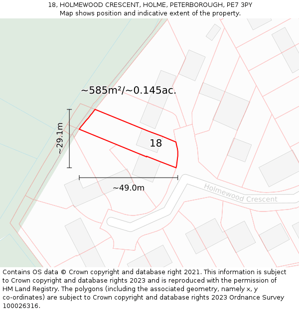 18, HOLMEWOOD CRESCENT, HOLME, PETERBOROUGH, PE7 3PY: Plot and title map