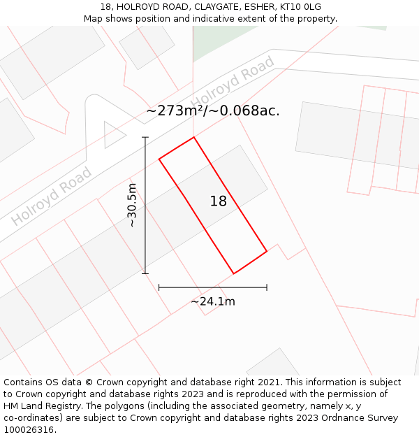 18, HOLROYD ROAD, CLAYGATE, ESHER, KT10 0LG: Plot and title map