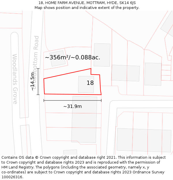 18, HOME FARM AVENUE, MOTTRAM, HYDE, SK14 6JS: Plot and title map