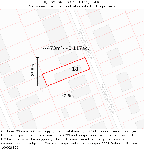 18, HOMEDALE DRIVE, LUTON, LU4 9TE: Plot and title map