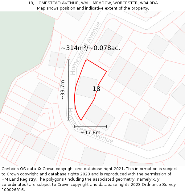 18, HOMESTEAD AVENUE, WALL MEADOW, WORCESTER, WR4 0DA: Plot and title map