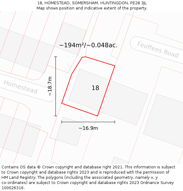 18, HOMESTEAD, SOMERSHAM, HUNTINGDON, PE28 3JL: Plot and title map