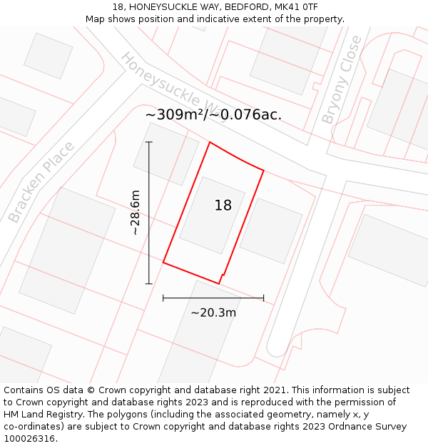 18, HONEYSUCKLE WAY, BEDFORD, MK41 0TF: Plot and title map