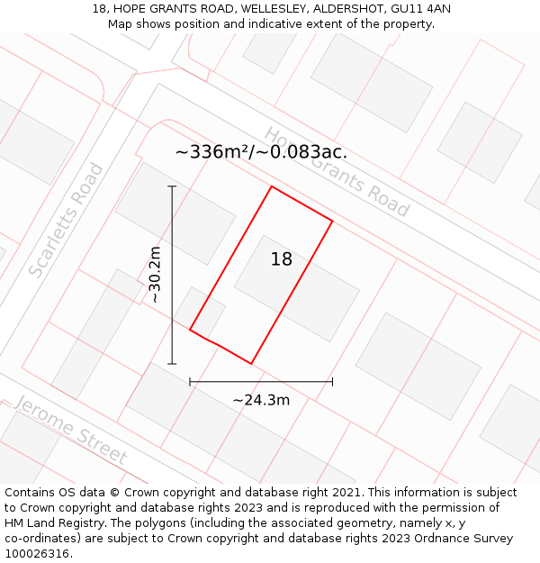 18, HOPE GRANTS ROAD, WELLESLEY, ALDERSHOT, GU11 4AN: Plot and title map