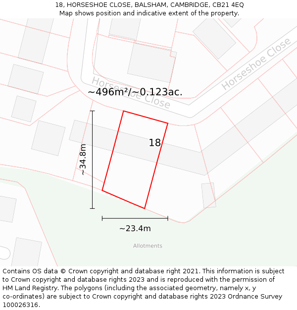 18, HORSESHOE CLOSE, BALSHAM, CAMBRIDGE, CB21 4EQ: Plot and title map