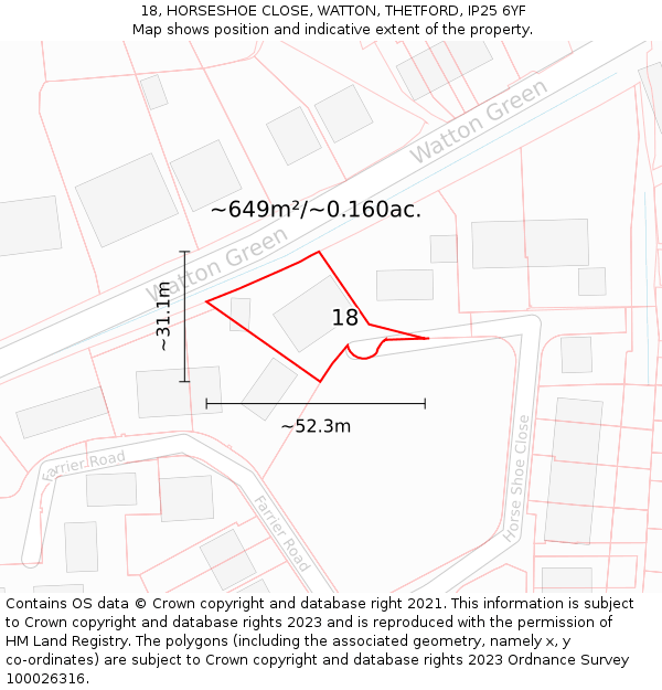 18, HORSESHOE CLOSE, WATTON, THETFORD, IP25 6YF: Plot and title map