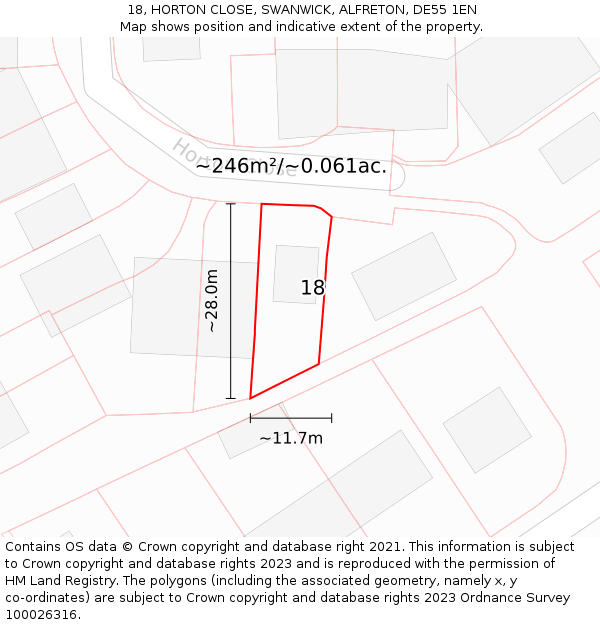 18, HORTON CLOSE, SWANWICK, ALFRETON, DE55 1EN: Plot and title map