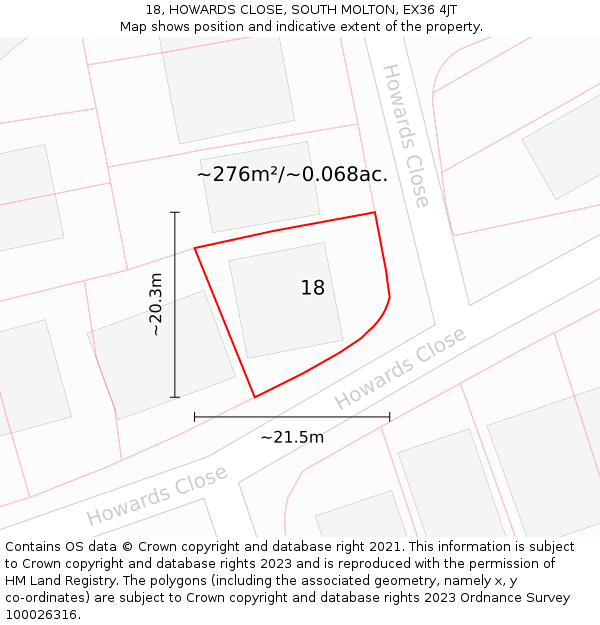 18, HOWARDS CLOSE, SOUTH MOLTON, EX36 4JT: Plot and title map