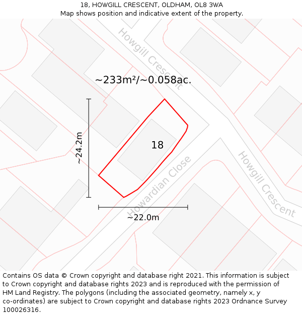 18, HOWGILL CRESCENT, OLDHAM, OL8 3WA: Plot and title map