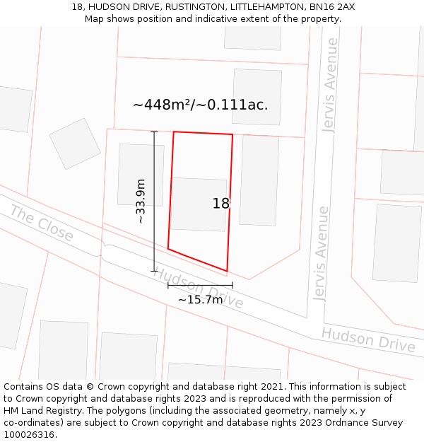 18, HUDSON DRIVE, RUSTINGTON, LITTLEHAMPTON, BN16 2AX: Plot and title map