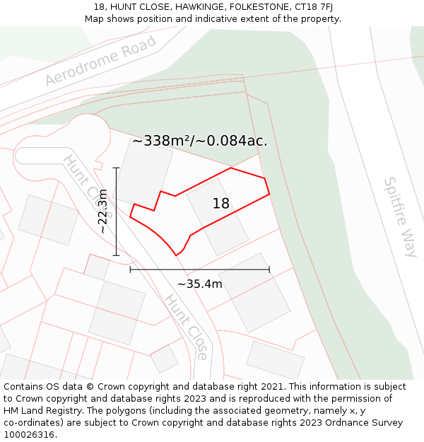 18, HUNT CLOSE, HAWKINGE, FOLKESTONE, CT18 7FJ: Plot and title map