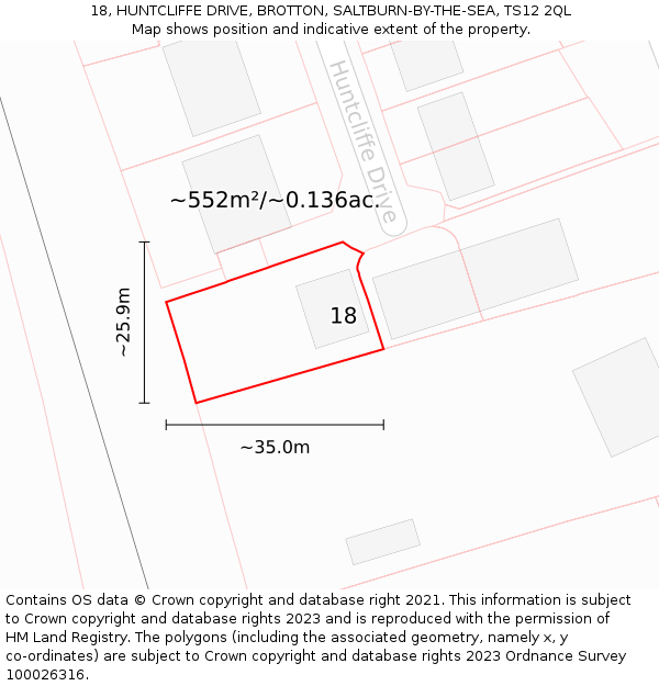 18, HUNTCLIFFE DRIVE, BROTTON, SALTBURN-BY-THE-SEA, TS12 2QL: Plot and title map