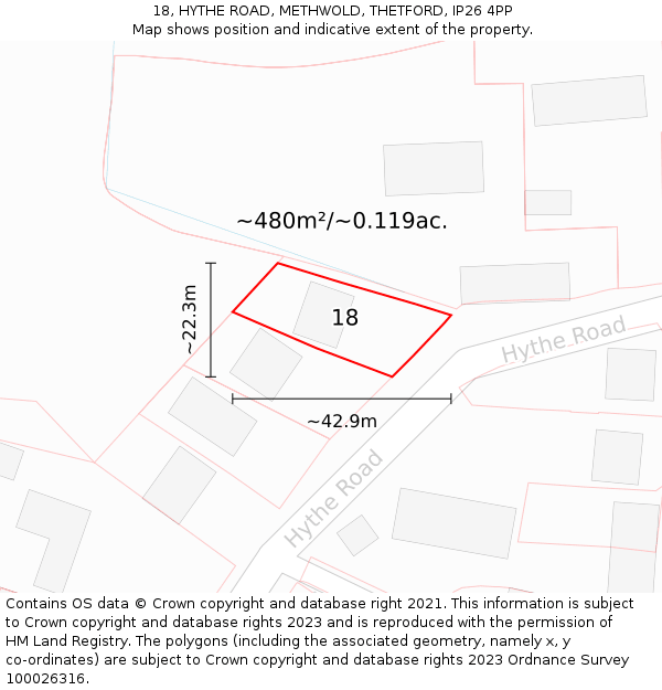 18, HYTHE ROAD, METHWOLD, THETFORD, IP26 4PP: Plot and title map