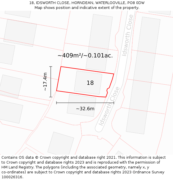 18, IDSWORTH CLOSE, HORNDEAN, WATERLOOVILLE, PO8 0DW: Plot and title map