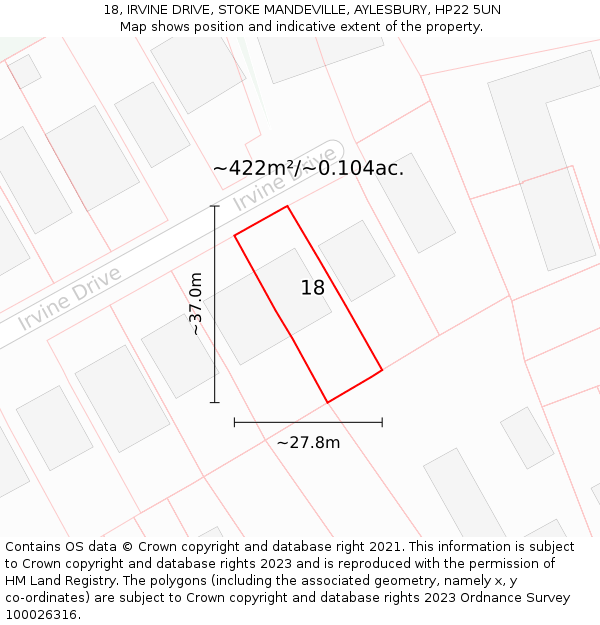 18, IRVINE DRIVE, STOKE MANDEVILLE, AYLESBURY, HP22 5UN: Plot and title map