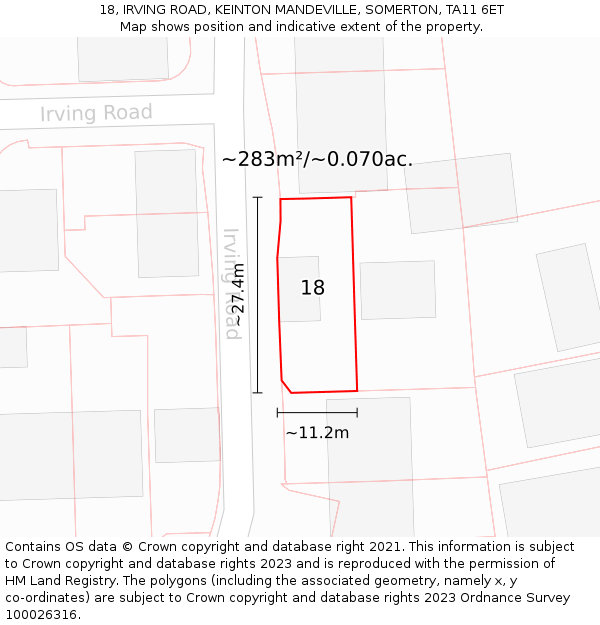 18, IRVING ROAD, KEINTON MANDEVILLE, SOMERTON, TA11 6ET: Plot and title map