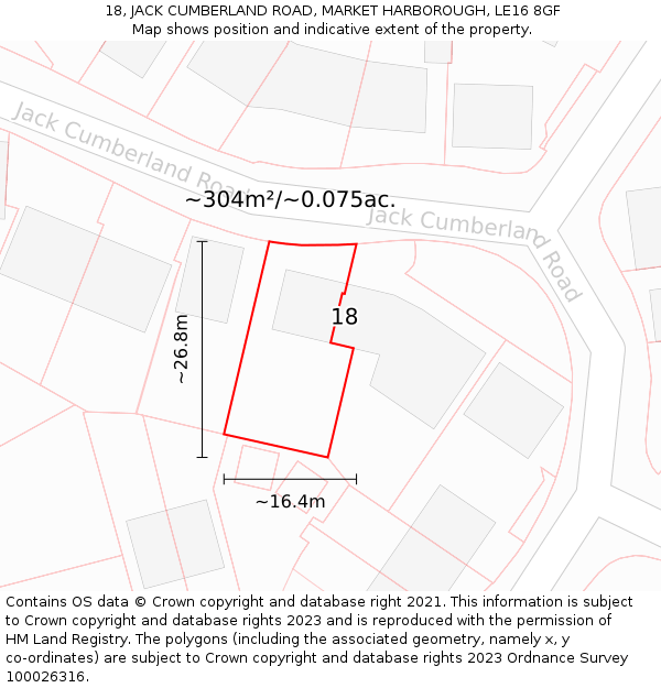 18, JACK CUMBERLAND ROAD, MARKET HARBOROUGH, LE16 8GF: Plot and title map