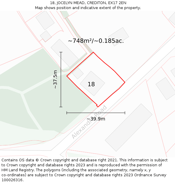 18, JOCELYN MEAD, CREDITON, EX17 2EN: Plot and title map