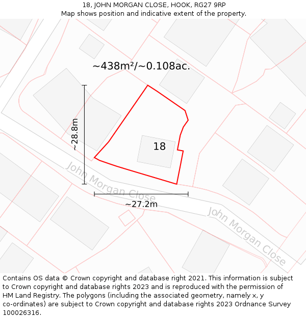 18, JOHN MORGAN CLOSE, HOOK, RG27 9RP: Plot and title map