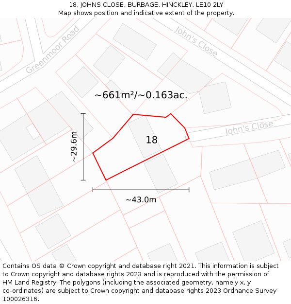 18, JOHNS CLOSE, BURBAGE, HINCKLEY, LE10 2LY: Plot and title map