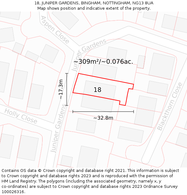 18, JUNIPER GARDENS, BINGHAM, NOTTINGHAM, NG13 8UA: Plot and title map