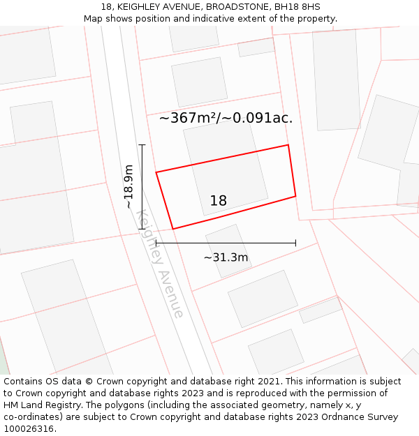 18, KEIGHLEY AVENUE, BROADSTONE, BH18 8HS: Plot and title map