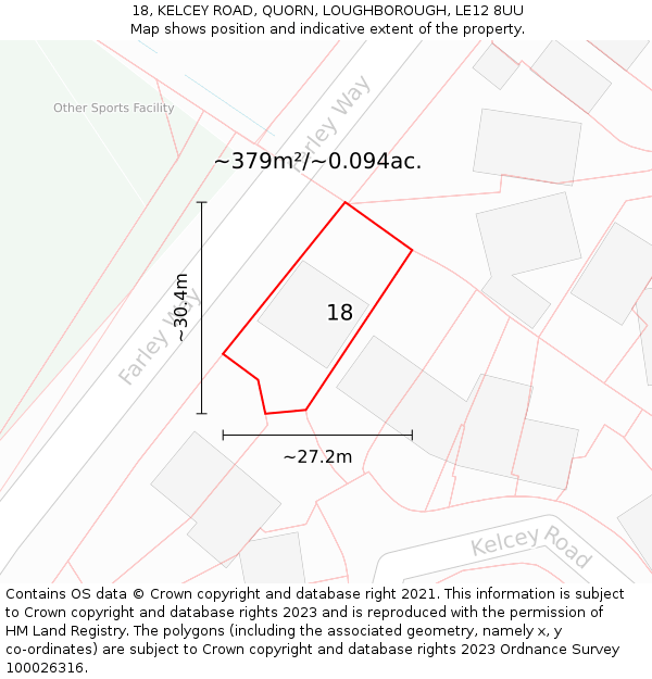 18, KELCEY ROAD, QUORN, LOUGHBOROUGH, LE12 8UU: Plot and title map
