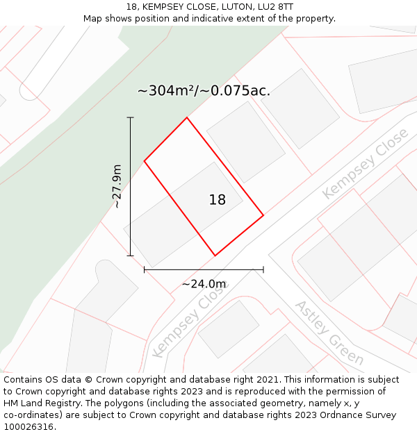 18, KEMPSEY CLOSE, LUTON, LU2 8TT: Plot and title map