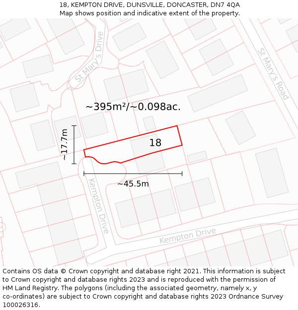 18, KEMPTON DRIVE, DUNSVILLE, DONCASTER, DN7 4QA: Plot and title map