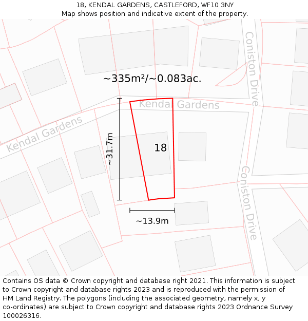 18, KENDAL GARDENS, CASTLEFORD, WF10 3NY: Plot and title map