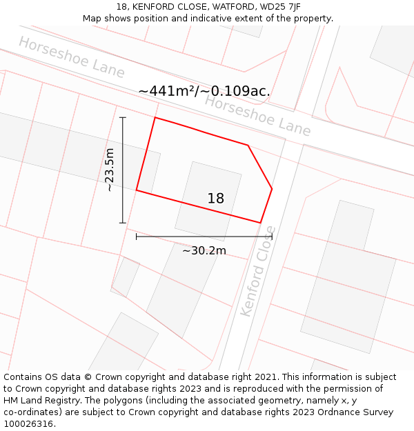 18, KENFORD CLOSE, WATFORD, WD25 7JF: Plot and title map