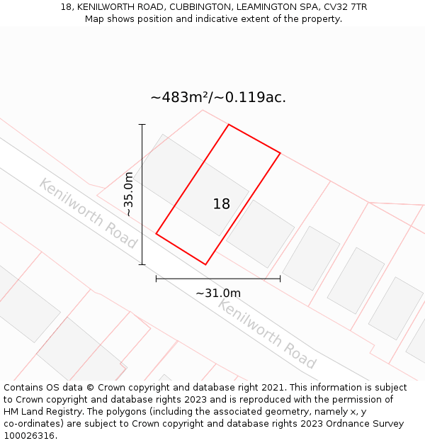 18, KENILWORTH ROAD, CUBBINGTON, LEAMINGTON SPA, CV32 7TR: Plot and title map