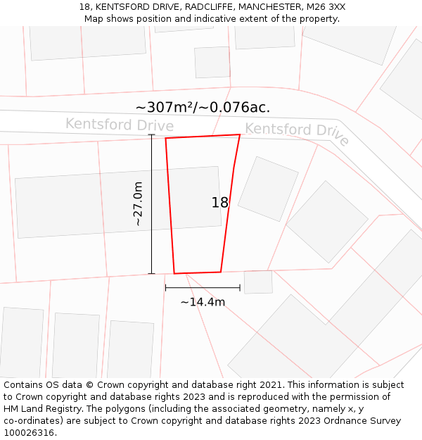 18, KENTSFORD DRIVE, RADCLIFFE, MANCHESTER, M26 3XX: Plot and title map