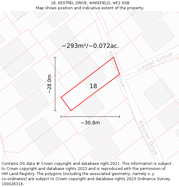 18, KESTREL DRIVE, WAKEFIELD, WF2 6SB: Plot and title map