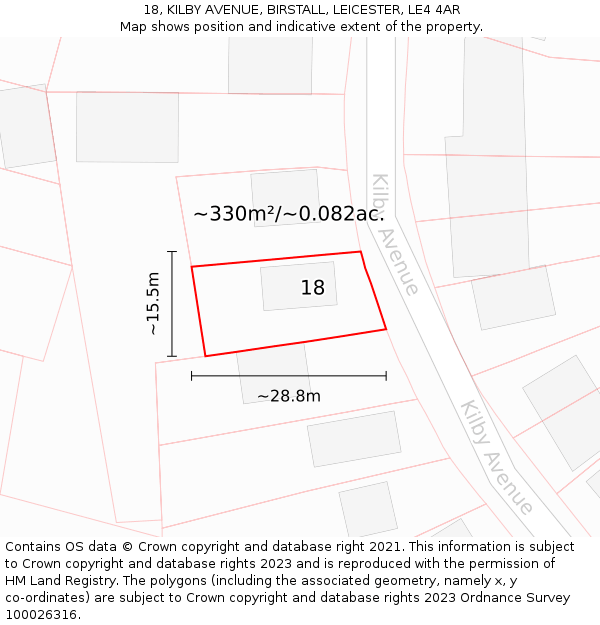 18, KILBY AVENUE, BIRSTALL, LEICESTER, LE4 4AR: Plot and title map