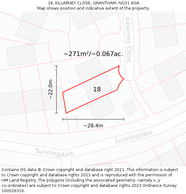 18, KILLARNEY CLOSE, GRANTHAM, NG31 9GA: Plot and title map