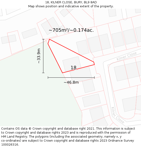 18, KILNER CLOSE, BURY, BL9 8AD: Plot and title map