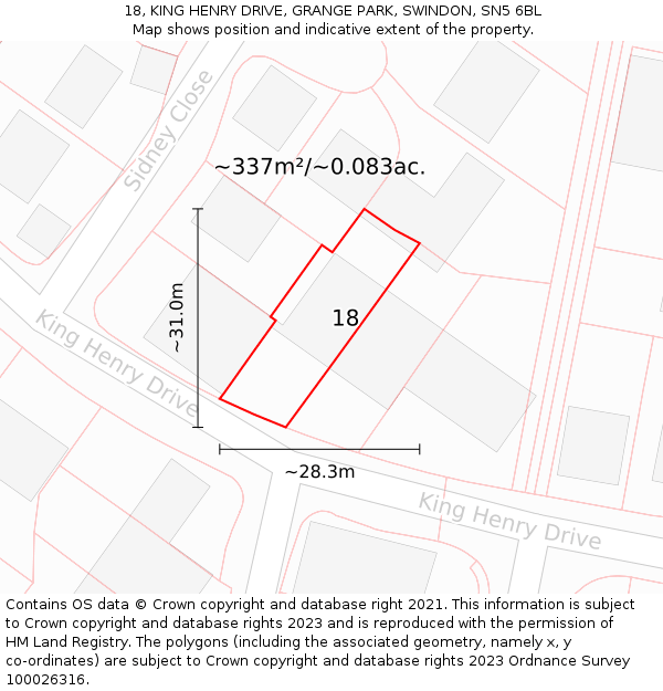 18, KING HENRY DRIVE, GRANGE PARK, SWINDON, SN5 6BL: Plot and title map