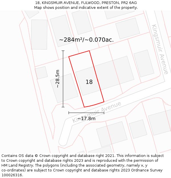 18, KINGSMUIR AVENUE, FULWOOD, PRESTON, PR2 6AG: Plot and title map