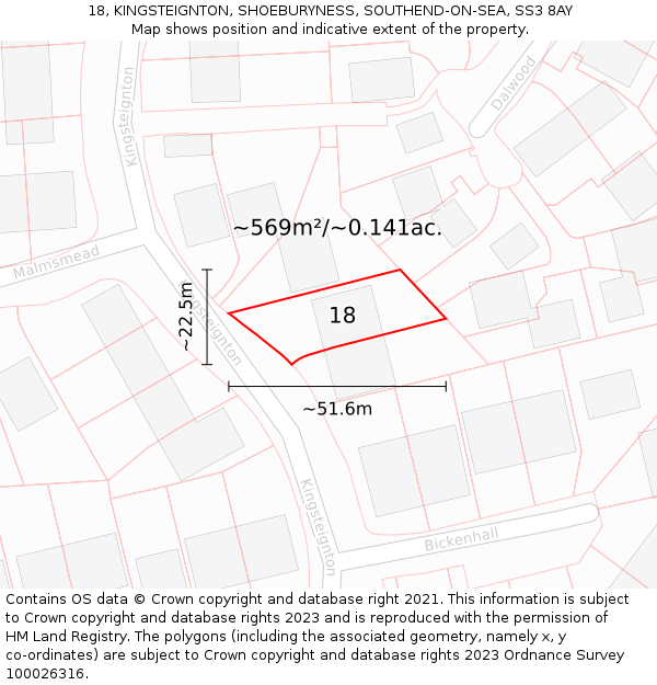 18, KINGSTEIGNTON, SHOEBURYNESS, SOUTHEND-ON-SEA, SS3 8AY: Plot and title map