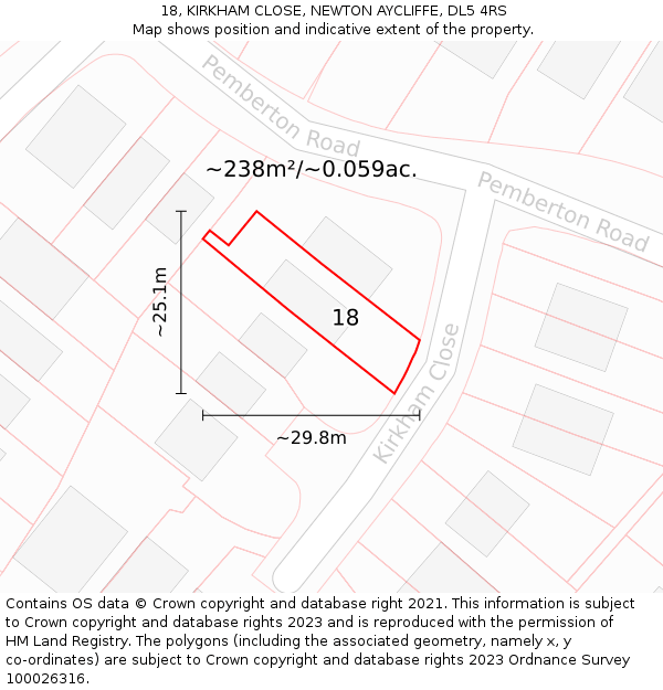 18, KIRKHAM CLOSE, NEWTON AYCLIFFE, DL5 4RS: Plot and title map