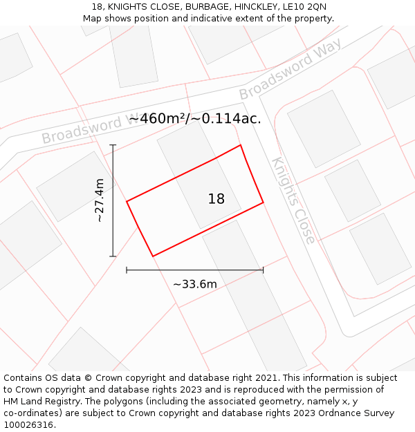 18, KNIGHTS CLOSE, BURBAGE, HINCKLEY, LE10 2QN: Plot and title map