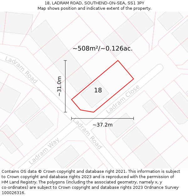 18, LADRAM ROAD, SOUTHEND-ON-SEA, SS1 3PY: Plot and title map