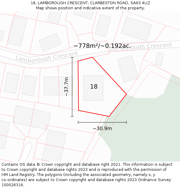 18, LAMBOROUGH CRESCENT, CLARBESTON ROAD, SA63 4UZ: Plot and title map