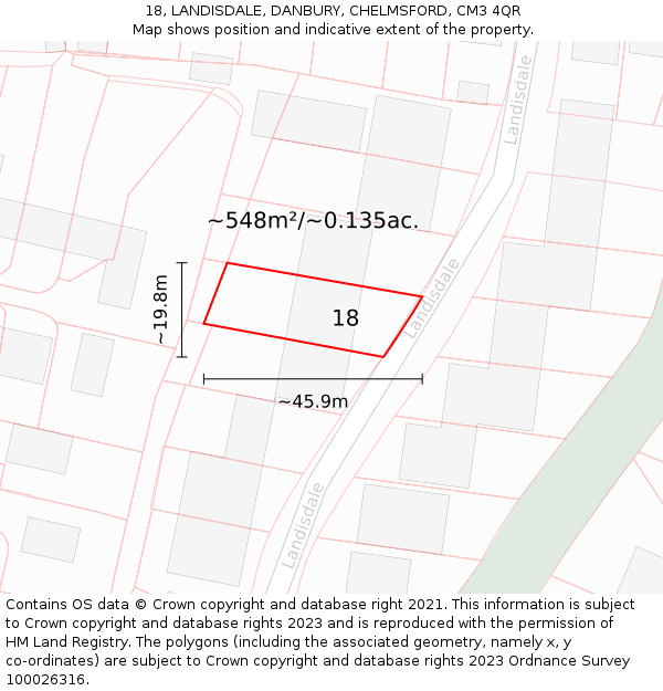 18, LANDISDALE, DANBURY, CHELMSFORD, CM3 4QR: Plot and title map